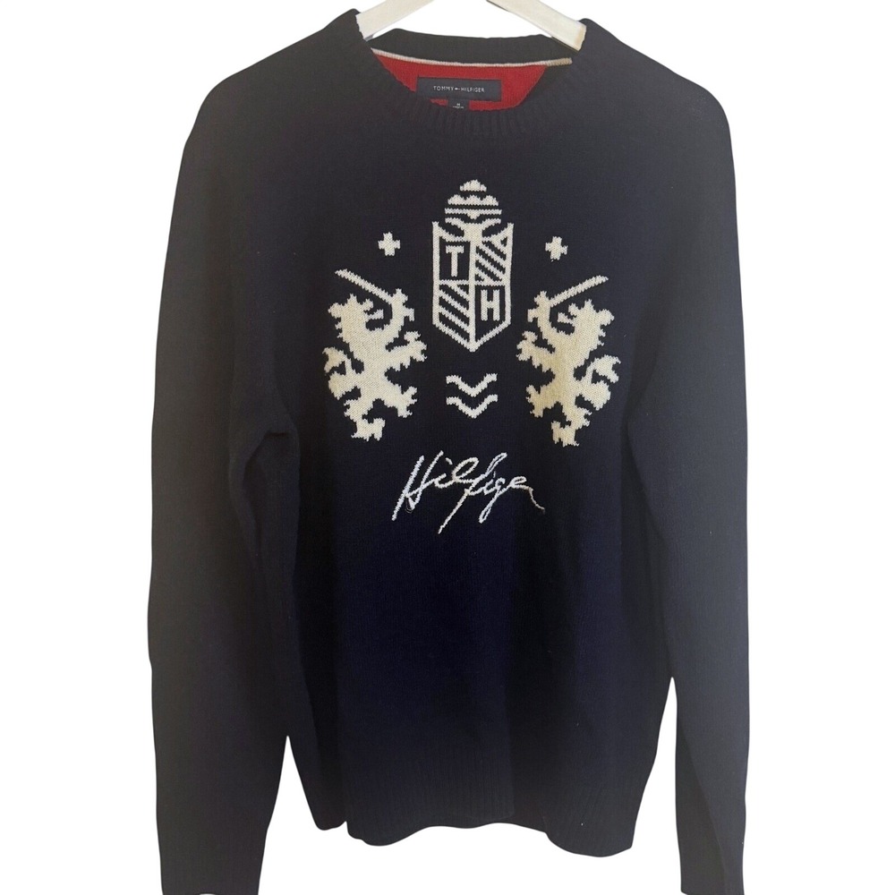 Tommy Hilfiger Sweater Lambswool Crest Size M Navy Blue Mens Preppy Knitwear
